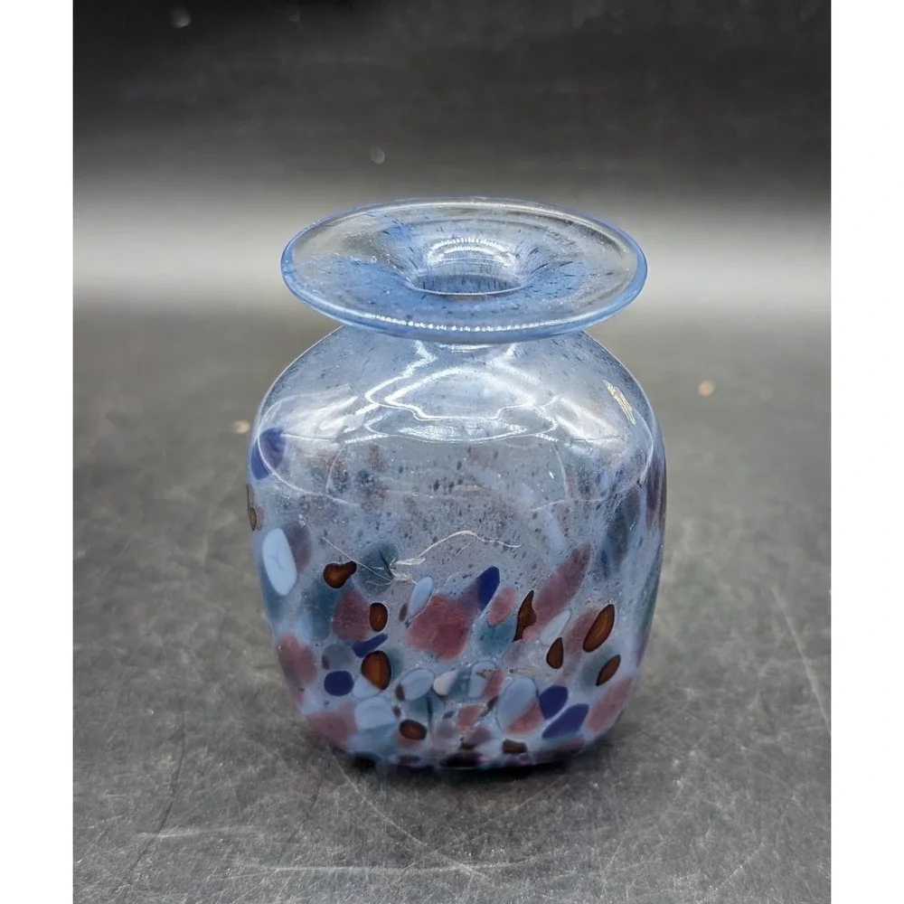 Hand Blown Blue Confetti Art Glass Bud Vase Squared Bulbous Studio Glass 3in